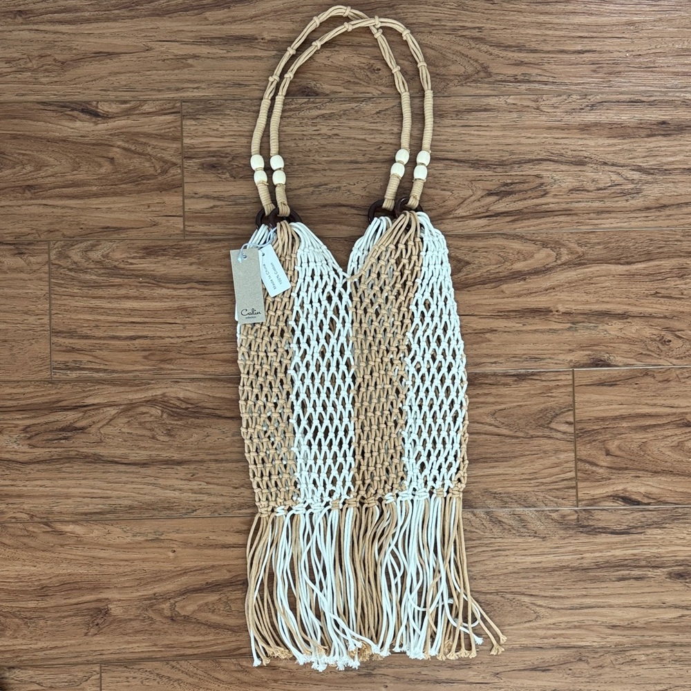 Beige and White Woven Tote Bag